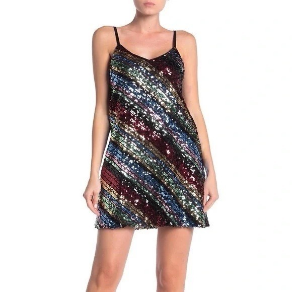 free press Dresses & Skirts - Free Press Sequin Mini Dress Medium Rainbow Stripe Sparkly Slip Party NYE Y2K